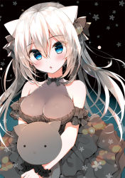 Rule 34 | 1girl, animal ears, bad id, bad pixiv id, bare shoulders, black dress, black scrunchie, blue eyes, blush, breasts, cat ears, chestnut mouth, cleavage, commentary request, dress, hair between eyes, halter dress, halterneck, head tilt, large breasts, long hair, looking at viewer, low twintails, hugging object, original, parted lips, scrunchie, sidelocks, silver hair, sleeveless, sleeveless dress, solo, stuffed animal, stuffed cat, stuffed toy, twintails, v arms, very long hair, wrist scrunchie, yadapot