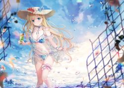 Rule 34 | 1girl, bikini, blonde hair, blue bikini, blue bow, blue sky, blurry, blurry foreground, bow, breasts, brown hat, chain-link fence, cleavage, closed mouth, cloud, cloudy sky, commentary request, day, depth of field, feet out of frame, fence, flower, green eyes, hat, hat flower, inagaki minami, long hair, looking at viewer, medium breasts, outdoors, petals, red flower, see-through, side-tie bikini bottom, sky, smile, solo, sousouman, standing, straw hat, swimsuit, twinbox school, very long hair, water, water drop, yellow flower