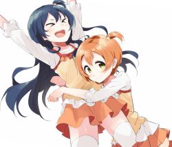 Rule 34 | &gt; &lt;, 2girls, bad id, bad pixiv id, blue hair, blush, closed eyes, commentary request, cosplay, hair between eyes, hoshizora rin, hoshizora rin (cosplay), long hair, looking at viewer, love live!, love live! school idol project, multiple girls, open mouth, orange hair, outstretched arms, paw pose, short hair, simple background, skirt, smile, sonoda umi, thighhighs, totoki86, white background, white legwear, yellow eyes
