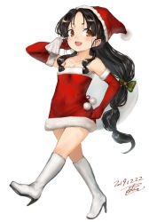 Rule 34 | 1girl, :d, bare shoulders, black hair, blush, breasts, brown eyes, christmas, cleavage, collarbone, dated, elbow gloves, full body, fur trim, gloves, hat, high ponytail, holding, holding sack, kantai collection, long hair, multi-tied hair, nisshin (kancolle), open mouth, pom pom (clothes), red gloves, sack, santa costume, santa hat, signature, simple background, small breasts, smile, solo, toka (marchlizard), white background, white footwear