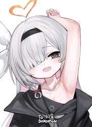 Rule 34 | 1girl, :d, absurdres, arm up, armpits, bare arms, bare shoulders, black hairband, black jacket, black sailor collar, black shirt, blue archive, collarbone, dokomon, grey eyes, grey hair, hair over one eye, hair ribbon, hairband, halo, head tilt, highres, jacket, korean text, long hair, multicolored hair, open clothes, open jacket, open mouth, pink hair, plana (blue archive), ribbon, sailor collar, shirt, simple background, smile, solo, two-tone hair, upper body, white background, white ribbon
