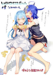 Rule 34 | 2girls, :d, ahoge, arms around neck, asakawa kanata, bare legs, barefoot, black bow, black shorts, blue hair, blush, bow, card, closed eyes, collarbone, commentary request, copyright name, dress, fang, fishnets, fujima takuya, green eyes, grey hair, highres, highspeed etoile, holding, holding card, komachi towa, multicolored hair, multiple girls, navel, open mouth, shadow, shirt, short shorts, shorts, smile, sparkle, streaked hair, translation request, two-tone hair, v-shaped eyebrows, white dress, white shirt