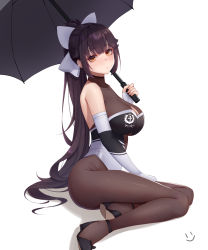 Rule 34 | 1girl, azur lane, bare shoulders, black footwear, black hair, black pantyhose, black umbrella, blush, bodystocking, bow, breasts, brown eyes, cleavage cutout, clothing cutout, elbow gloves, gloves, hair bow, hair flaps, highres, holding, holding umbrella, impossible clothes, large breasts, leotard, logo, long hair, looking at viewer, pantyhose, ponytail, race queen, shadow, shoes, sitting, solo, takao (azur lane), takao (full throttle charmer) (azur lane), two-tone leotard, umbrella, unitard, very long hair, wei xiao, white background, white bow