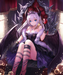 Rule 34 | 1girl, anklet, aqua eyes, arm up, bare shoulders, barefoot, barefoot sandals (jewelry), black dress, black gloves, black wings, blue eyes, breasts, bridal garter, brooch, chair, cleavage, closed mouth, crown, cup, curtains, demon horns, dress, drink, drinking glass, feather boa, feathered wings, fringe trim, gloves, hair between eyes, hand up, holding, holding cup, holding drinking glass, horns, jewelry, knees up, lace trim, light particles, long hair, looking at viewer, lunacle, medium breasts, necklace, original, pointy ears, sheep horns, sitting, smile, solo, spread wings, strapless, strapless dress, throne, tiara, white hair, wings