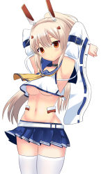 Rule 34 | 1girl, armpits, arms behind head, arms up, ayanami (azur lane), azur lane, blonde hair, blue sailor collar, blue skirt, blush, breasts, closed mouth, commentary request, detached sleeves, groin, hair between eyes, hair ornament, head tilt, headgear, high ponytail, light brown hair, long hair, long sleeves, looking at viewer, medium breasts, midriff, miniskirt, navel, neu (frameice), orange eyes, pleated skirt, ponytail, remodel (azur lane), ribbon-trimmed sleeves, ribbon trim, sailor collar, school uniform, serafuku, shirt, simple background, skirt, solo, standing, thighhighs, underboob, very long hair, white background, white shirt, white thighhighs, wide sleeves