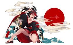 Rule 34 | 1girl, 2019, alternate costume, arm up, bare legs, bare shoulders, black footwear, black hair, black kimono, breasts, character print, circle, cleavage, commentary request, floating hair, full body, head tilt, high heels, highres, hokuto (scichil), holding, horns, japanese clothes, kijin seija, kimono, kiseru, long hair, long sleeves, looking at viewer, multicolored hair, off shoulder, open mouth, smoking pipe, pointy ears, red hair, sandals, sharp teeth, simple background, smoke, solo, streaked hair, sukuna shinmyoumaru, teeth, thighs, tongue, tongue out, touhou, translation request, wave print, white background, white hair, wide sleeves