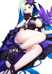 Rule 34 | 1girl, bare shoulders, blue hair, blush, breasts, brynhildr (fate), brynhildr (swimsuit berserker) (fate), brynhildr (swimsuit berserker) (second ascension) (fate), cleavage, fate/grand order, fate (series), feet, flower, hair flower, hair ornament, high heels, highres, large breasts, legs, long hair, looking at viewer, multicolored hair, nail polish, rose, silver hair, simple background, toes, two-tone hair, very long hair, white background, zaregoto tsukai no deshi