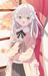 Rule 34 | 1girl, :o, autumn leaves, black bow, black skirt, book, bow, branch, brown eyes, brown jacket, collared shirt, commentary request, curtains, dress shirt, grey hair, hair between eyes, hair bow, highres, indoors, jacket, leaf, long hair, long sleeves, looking at viewer, maple leaf, hugging object, open clothes, open jacket, open mouth, original, pleated skirt, puffy long sleeves, puffy sleeves, shirt, skirt, sleeves past wrists, solo, tantan men (dragon), two side up, very long hair, white bow, white shirt, window