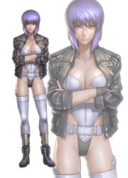 Rule 34 | 1girl, breasts, fingerless gloves, ghost in the shell, ghost in the shell stand alone complex, gloves, ikegami noroshi, jacket, kusanagi motoko, large breasts, leotard, md5 mismatch, purple hair, red eyes, short hair, solo, thighhighs