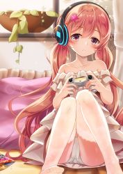 Rule 34 | 1girl, akine (kuroyuri), bag of chips, bare shoulders, bowl, brown hair, chips (food), collarbone, commentary request, controller, curtains, dress, feet out of frame, food, frilled pillow, frills, game controller, hair between eyes, hair ornament, headphones, highres, holding, holding controller, indoors, knees up, long hair, low twintails, no shoes, off-shoulder dress, off shoulder, original, panties, parted lips, pillow, potato chips, red eyes, sitting, solo, star (symbol), star hair ornament, thighhighs, twintails, underwear, very long hair, white dress, white panties, white thighhighs, window