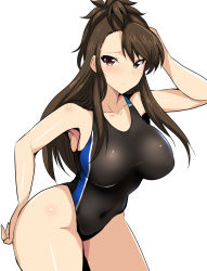 Rule 34 | 10s, 1girl, amaretto (girls und panzer), arm behind back, arm behind head, asymmetrical bangs, bare shoulders, black one-piece swimsuit, breasts, brown eyes, brown hair, closed mouth, competition swimsuit, covered navel, cowboy shot, curvy, female focus, girls und panzer, hifumi hajime, highres, large breasts, leaning forward, light frown, long hair, looking at viewer, one-piece swimsuit, shiny skin, simple background, smile, solo, standing, swimsuit, white background, wide hips