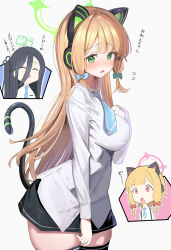 3girls ^_^ absurdres aged_up alternate_hair_length alternate_hairstyle animal_ear_headphones animal_ears aris_(blue_archive) black_hair black_shorts black_thighhighs blonde_hair blue_archive blue_bow blue_necktie bow breasts cat_ears cat_tail closed_eyes commentary_request cowboy_shot fake_animal_ears fake_tail green_eyes green_halo hair_between_eyes hair_bow halo headphones highres large_breasts long_hair_between_eyes long_sleeves madai_(mappy) midori_(blue_archive) momoi_(blue_archive) multiple_girls necktie one_side_up open_mouth pink_eyes pink_halo shirt short_shorts shorts simple_background smile solo_focus surprised tail thighhighs translation_request white_background white_shirt