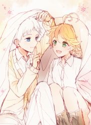 Rule 34 | 1boy, 1girl, :p, ahoge, bad id, bad twitter id, blouse, blue eyes, boots, coat, colored skin, emma (yakusoku no neverland), green eyes, leather, leather boots, long sleeves, looking at another, neck tattoo, norman (yakusoku no neverland), number tattoo, orange hair, purplewis, shirt, short hair, silent, simple background, sitting, smile, tattoo, tongue, tongue out, under covers, white hair, white shirt, white skin, yakusoku no neverland