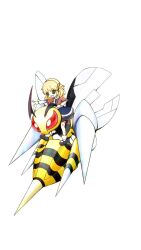 Rule 34 | 1girl, :d, bee, beedrill, blonde hair, bright pupils, bug, commentary, creatures (company), fireblast, game freak, gen 1 pokemon, green eyes, highres, insect, insect wings, mega beedrill, mega pokemon, mizuhashi parsee, nintendo, open mouth, pointy ears, pokemon, pokemon (creature), red eyes, simple background, smile, touhou, white background, white pupils, wings