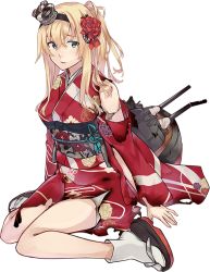 Rule 34 | 1girl, alternate costume, blonde hair, blue eyes, braid, corset, crane (machine), floral print, flower, full body, japanese clothes, kantai collection, kimono, konishi (koconatu), machinery, official art, ponytail, red flower, red rose, rose, sandals, solo, torn clothes, transparent background, warspite (kancolle), wide sleeves