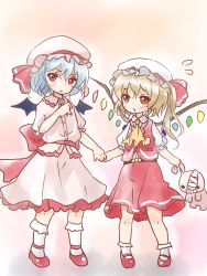 Rule 34 | 2girls, ascot, asymmetrical hair, asymmetrical wings, bad id, bad pixiv id, bat wings, blonde hair, blouse, bobby socks, bow, dress, flandre scarlet, hair bow, hat, highres, holding hands, light purple hair, looking at another, looking at viewer, mary janes, mob cap, multiple girls, pink dress, red eyes, red shirt, red skirt, remilia scarlet, shironeko yuuki, shirt, shoes, short hair, siblings, side ponytail, sisters, skirt, skirt set, socks, stuffed animal, stuffed rabbit, stuffed toy, touhou, wings