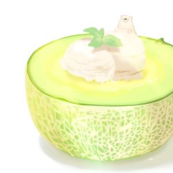 Rule 34 | animal, bear, chai (drawingchisanne), commentary request, food, food focus, fruit, garnish, ice cream, looking at viewer, melon, mint, no humans, on food, original, polar bear, signature, undersized animal, white background