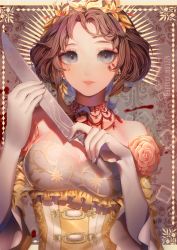 Rule 34 | 1girl, bare shoulders, breasts, brown hair, cleavage, dress, earrings, elbow gloves, eyeshadow, facepaint, flower, framed, frilled dress, frills, gloves, gradient eyes, hair flower, hair ornament, heikokuru1224, highres, holding, holding knife, identity v, jewelry, knife, looking at viewer, makeup, mary (identity v), medium breasts, multicolored eyes, official alternate costume, parted lips, red flower, short hair, solo, twitter username, upper body, white gloves, yellow flower