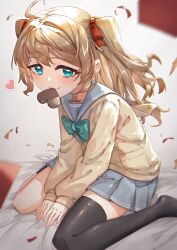 Rule 34 | 1girl, absurdres, ahoge, bandaid, bandaid on knee, bandaid on leg, black socks, black thighhighs, blue eyes, blue sailor collar, blue skirt, blush, bow, bowtie, candy, cardigan, child, chinese commentary, chocolate, chocolate heart, commentary, confetti, english commentary, food, food in mouth, green bow, green bowtie, hair bow, heart, highres, indie virtual youtuber, kneehighs, light brown hair, live2d inc., long hair, long sleeves, looking at viewer, mixed-language commentary, momose hiyori, mouth hold, neuro-sama, pleated skirt, red bow, rune (dualhart), sailor collar, school uniform, serafuku, sidelocks, single kneehigh, single sock, single thighhigh, sitting, skirt, smile, socks, thighhighs, two side up, valentine, virtual youtuber, wariza, yellow cardigan