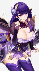 Rule 34 | 1girl, bare shoulders, braid, breasts, cleavage, detached collar, genshin impact, hair ornament, highres, japanese clothes, kimono, large breasts, long hair, long sleeves, looking at viewer, low-braided long hair, low-tied long hair, mole, mole under eye, nail polish, obi, off shoulder, piukute062, purple eyes, purple hair, purple kimono, purple thighhighs, raiden shogun, sash, solo, thighhighs, thighs, wide sleeves