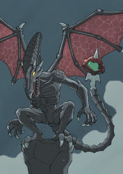 Rule 34 | absurdres, claws, commentary request, hasegawa (morebeer), helmet, highres, metroid, monster, nintendo, open mouth, ribs, ridley, samus aran, sharp teeth, solo, tail, teeth, yellow eyes