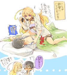 Rule 34 | 1boy, 1girl, ahoge, bed, black hair, blonde hair, blush, jude mathis, lab coat, lying, midriff, milla maxwell, open clothes, open shirt, pillow, purple eyes, shirt, sinaooo, skirt, sleeves rolled up, stethoscope, strapless, tales of (series), tales of xillia, tube top