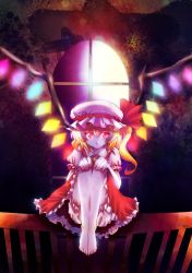 Rule 34 | 1girl, absurdres, barefoot, blonde hair, bloomers, crystal, female focus, flandre scarlet, frills, glowing, glowing eyes, hands on own knees, hat, hat ribbon, highres, koinohito, railing, red eyes, ribbon, side ponytail, sitting, solo, embodiment of scarlet devil, torisuke (koinohito), touhou, underwear, upskirt, window, wings