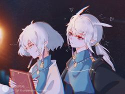 Rule 34 | 2boys, book, couple, daleth (sky: children of the light), earrings, grey hair, heart, highres, holding, holding book, jewelry, looking down, looking to the side, mimizuku (sky: children of the light), multiple boys, necklace, qingqingkaoyanchongya, short hair, sidelocks, sky: children of the light, sweatdrop, tassel, tassel earrings, yellow eyes