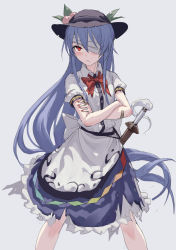 Rule 34 | 1girl, bandage over one eye, bandaid, bandaid on arm, black hat, blue hair, blue skirt, bow, bowtie, collared shirt, crossed arms, fkey, food, fruit, hat, highres, hinanawi tenshi, legs apart, long hair, looking at viewer, nail polish, peach, red bow, red bowtie, red eyes, red nails, shirt, skirt, solo, standing, sword, touhou, very long hair, weapon, white shirt, wing collar