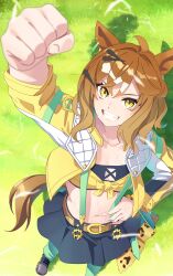 Rule 34 | 1girl, absurdres, animal ears, arm up, blush, breasts, brown hair, commentary request, earrings, grin, hair between eyes, hair ornament, hand on own hip, highres, horse ears, horse girl, jacket, jewelry, jungle pocket (umamusume), long sleeves, looking at viewer, medium hair, midriff, navel, notched ear, open clothes, open jacket, outdoors, reibun (raven1119), single earring, sky, small breasts, smile, solo, strap, umamusume, upper body, x hair ornament, yellow eyes, yellow jacket