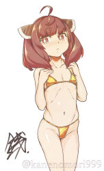 1girl :&lt; ahoge bikini blush brown_eyes brown_hair flat_chest gold_bikini headgear highres looking_at_viewer navel sentarou solo swimsuit touhoku_kiritan voiceroid