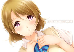 Rule 34 | 10s, 1girl, bad id, bad pixiv id, blue bow, blue bowtie, blush, bow, bowtie, brown hair, collared shirt, dated, dutch angle, hands on own chest, happy birthday, koizumi hanayo, looking at viewer, love live!, love live! school idol project, purple eyes, school uniform, serizawa (serizawaroom), shirt, short hair, short sleeves, smile, solo, striped bow, striped bowtie, striped clothes, striped neckwear, sweater vest, upper body, white shirt
