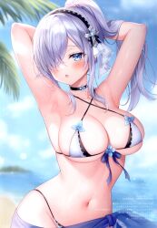 Rule 34 | 1girl, :o, absurdres, armpits, arms behind head, arms up, bare arms, bare shoulders, beach, bikini, black choker, blue eyes, blurry, breasts, choker, cleavage, criss-cross halter, depth of field, hair over one eye, hairband, halterneck, highres, large breasts, long hair, looking at viewer, mitsuba choco, navel, open mouth, original, outdoors, ponytail, sarong, scan, sidelocks, skindentation, solo, stomach, string bikini, swimsuit, upper body, wet, white bikini, white hair