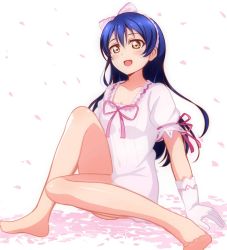 Rule 34 | 1girl, arm support, barefoot, blue hair, blush, commentary request, dress, gloves, hair between eyes, hair ribbon, highres, leg up, long hair, love live!, love live! school idol festival, love live! school idol project, open mouth, petals, pink dress, ribbon, shiranai love oshiete love, simple background, sitting, smile, solo, sonoda umi, wewe, white background, yellow eyes