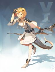 Rule 34 | 1girl, aiguillette, alchemy stars, arm up, belt, black gloves, black skirt, blonde hair, boots, bow (weapon), breasts, character name, clarenceman0605, closed mouth, fingerless gloves, full body, gloves, hair ornament, highres, holding, holding bow (weapon), holding weapon, jacket, long sleeves, looking at viewer, miniskirt, outstretched arm, shadow, short hair, skirt, small breasts, smile, solo, standing, standing on one leg, tail, vice (alchemy stars), weapon, white footwear, white jacket, yellow eyes