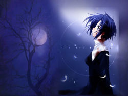 Rule 34 | 00s, 1girl, bare tree, blood, blood on face, blood on clothes, blue eyes, blue hair, ciel (tsukihime), copyright name, feathers, from side, full moon, habit, looking up, matching hair/eyes, moon, night, night sky, short hair, sky, solo, tree, tsukihime, wallpaper