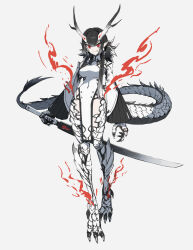 Rule 34 | 1girl, black hair, claws, dragon girl, dragon horns, dragon tail, fang, full body, grey background, highres, holding, holding sword, holding weapon, horns, kuroi susumu, multicolored hair, original, pale skin, pointy ears, red eyes, reverse grip, scales, simple background, slit pupils, solo, sword, tabard, tail, tsurime, two-tone hair, weapon, white hair, wide sleeves