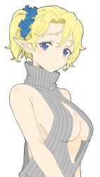 Rule 34 | 1girl, absurdres, bad id, bad twitter id, bare arms, bare shoulders, blonde hair, blue eyes, breasts, closed mouth, copyright request, donguri suzume, elf, grey sweater, highres, looking at viewer, medium breasts, meme attire, one side up, open-chest sweater, pointy ears, ribbed sweater, scrunchie, simple background, solo, sweater, sweater vest, upper body, white background