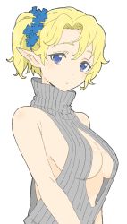 1girl absurdres bad_id bad_twitter_id bare_arms bare_shoulders blonde_hair blue_eyes breasts closed_mouth copyright_request donguri_suzume elf female_focus grey_sweater highres looking_at_viewer medium_breasts meme_attire one_side_up open-chest_sweater pointy_ears ribbed_sweater scrunchie simple_background solo sweater sweater_vest upper_body white_background