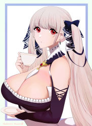 Rule 34 | 1girl, artist name, azur lane, between breasts, border, breasts, cleavage, commentary request, cup, detached collar, dress, formidable (azur lane), frilled dress, frills, gothic lolita, hachimitsu hinako, hair ribbon, holding, holding cup, large breasts, lolita fashion, long hair, looking at viewer, neckwear between breasts, one-hour drawing challenge, platinum blonde hair, purple border, red eyes, ribbon, simple background, solo, teacup, twintails, two-tone dress, two-tone ribbon, upper body, very long hair, white background
