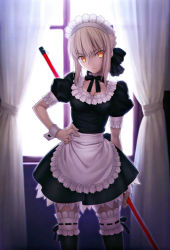 Rule 34 | 1girl, absurdres, apron, artoria pendragon (all), artoria pendragon (fate), backlighting, black thighhighs, blonde hair, carnival phantasm, fate/stay night, fate (series), frilled thighhighs, frills, hand on own hip, highres, maid, maid apron, maid headdress, official alternate costume, puffy sleeves, saber (fate), saber alter, scan, solo, takeuchi takashi, thighhighs, third-party edit, window, wrist cuffs, yellow eyes, zettai ryouiki