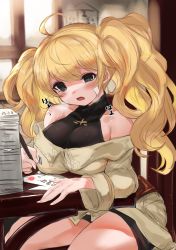 Rule 34 | 1girl, absurdres, ahoge, bandages, bandage on face, bandages, bare shoulders, beige dress, belt, blonde hair, blush, bra, breast rest, breasts, calligraphy brush, dress, exhausted, granblue fantasy, grey eyes, halterneck, heavy breathing, highres, indoors, large breasts, leaning forward, letter, long hair, looking down, maou (maoudaisukiya), monika weisswind, off-shoulder dress, off shoulder, paintbrush, paper, raised eyebrows, sitting, sleeveless, sleeveless dress, solo, sound effects, table, thighs, training bra, twintails, underwear, wavy hair, writing