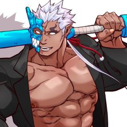 1boy, abs, alternate costume, bara, bare pecs, baseball bat, black jacket, black pants, bulge, close-up, dark skin, dark skinned male, face, fang, feet out of frame, half mask, horns, jacket, kizami nori to yamaimo, large pectorals, male focus, monster boy, muscular, muscular male, nipples, no pupils, open clothes, open jacket, over shoulder, pants, portrait, short hair, shuten douji (tokyo houkago summoners), single horn, smile, solo, stomach, tokyo houkago summoners, white hair