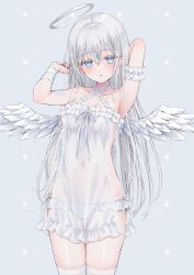 Rule 34 | 1girl, absurdres, angel, angel wings, arm garter, babydoll, bandaged arm, bandages, blue eyes, blush, breasts, chemise, colored eyelashes, cowboy shot, criss-cross halter, feathered wings, frilled chemise, grey hair, hair between eyes, halo, halterneck, highres, long hair, looking at viewer, no bra, original, panties, see-through, see-through chemise, shano hiyori, sideless outfit, simple background, solo, thighhighs, underwear, very long hair, white chemise, white panties, white thighhighs, white wings, wings