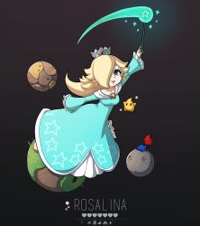 Rule 34 | 1girl, black background, blonde hair, blue eyes, bright pupils, brooch, character name, chromatic aberration, crown, dress, earrings, hair over one eye, heart, heart-shaped pupils, highres, jewelry, kinkymation, luma (mario), mario (series), moon, nintendo, rosalina, space, super mario galaxy, symbol-shaped pupils, wand, white pupils