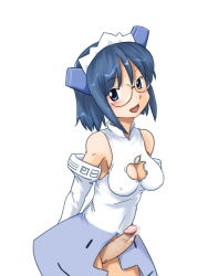 Rule 34 | 1futa, 2k-tan, apple inc., bare shoulders, blue eyes, blue hair, blush, breasts, cleavage, cleavage cutout, cleft of venus, clothing cutout, cowboy shot, elbow gloves, erection, futanari, glasses, gloves, head tilt, looking at viewer, maid headdress, no bra, no panties, os-tan, penis, precum, revealing clothes, short hair, simple background, small breasts, smile, solo, standing, tagme, white background, white gloves