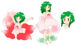 Rule 34 | 1girl, alternate costume, arms up, bare arms, bare shoulders, barefoot, bloomers, bow, closed mouth, collarbone, dress, flat chest, flower, green hair, hair flower, hair ornament, kazami yuuka, medium hair, nonamejd, official style, open mouth, pink bloomers, pink dress, red bow, red eyes, red flower, smile, standing, stretching, touhou, underwear, white flower, yawning, zun (style)