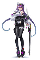 Rule 34 | 1girl, absurdres, alternate costume, bare shoulders, braid, caution tape, counter:side, earrings, eyewear on headwear, full body, gloves, highres, holding, holding sword, holding weapon, jewelry, lee yumi (counter:side), long hair, pouch, purple hair, red eyes, shadow, solo, sword, thigh pouch, twin braids, weapon, white background, white gloves, wing (wingho)