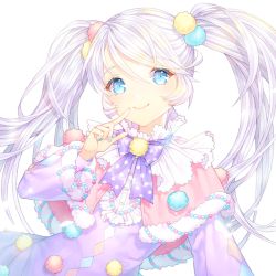 Rule 34 | 1girl, argyle, beads, blue eyes, blue nails, bow, bowtie, capelet, closed mouth, finger to mouth, frills, index finger raised, long hair, long sleeves, looking at viewer, nail polish, original, polka dot, polka dot bow, polka dot neckwear, pom pom (clothes), saban, simple background, smile, solo, swept bangs, twintails, upper body, white background, white hair