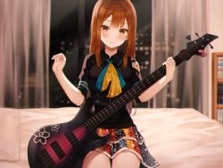 Rule 34 | 1girl, bass guitar, bed, blush, book, bookshelf, brown eyes, brown hair, closed mouth, curtains, haneiro, highres, holding, instrument, long hair, looking at viewer, original, pillow, short sleeves, skirt, smile, solo, thighs